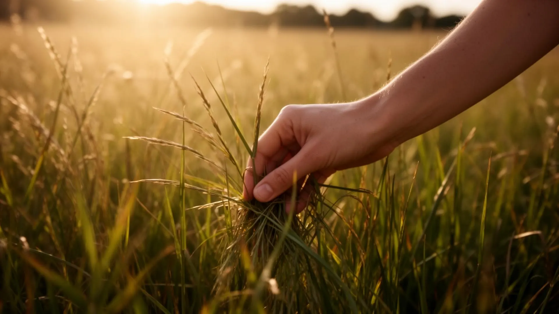 Hand brushing through sunlit grass in a meadow